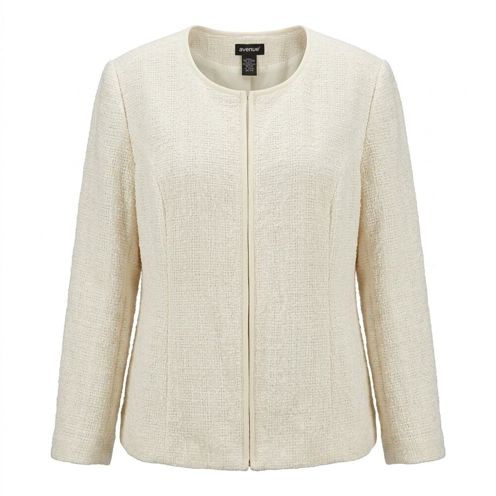 Avenue Ivory Tweed Lined Crew Neck Blazer Jacket Women Size 26